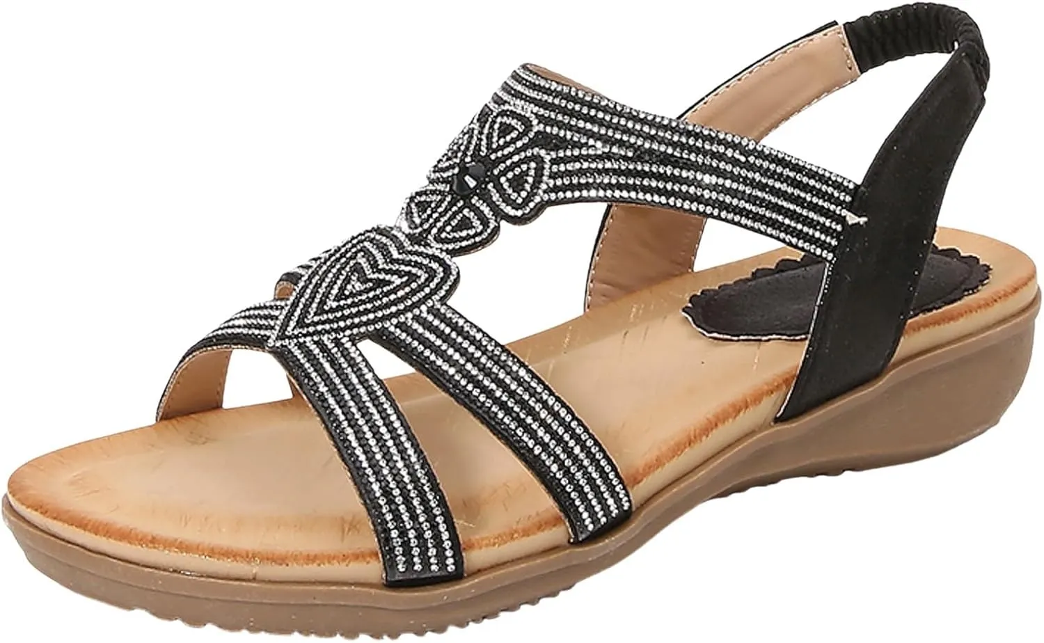 Women's Fashion Flat Sandals Beaded Rhinestone Stretch Heel Elastic Strap Sandals Beach Sandals for Soft Sandals Women