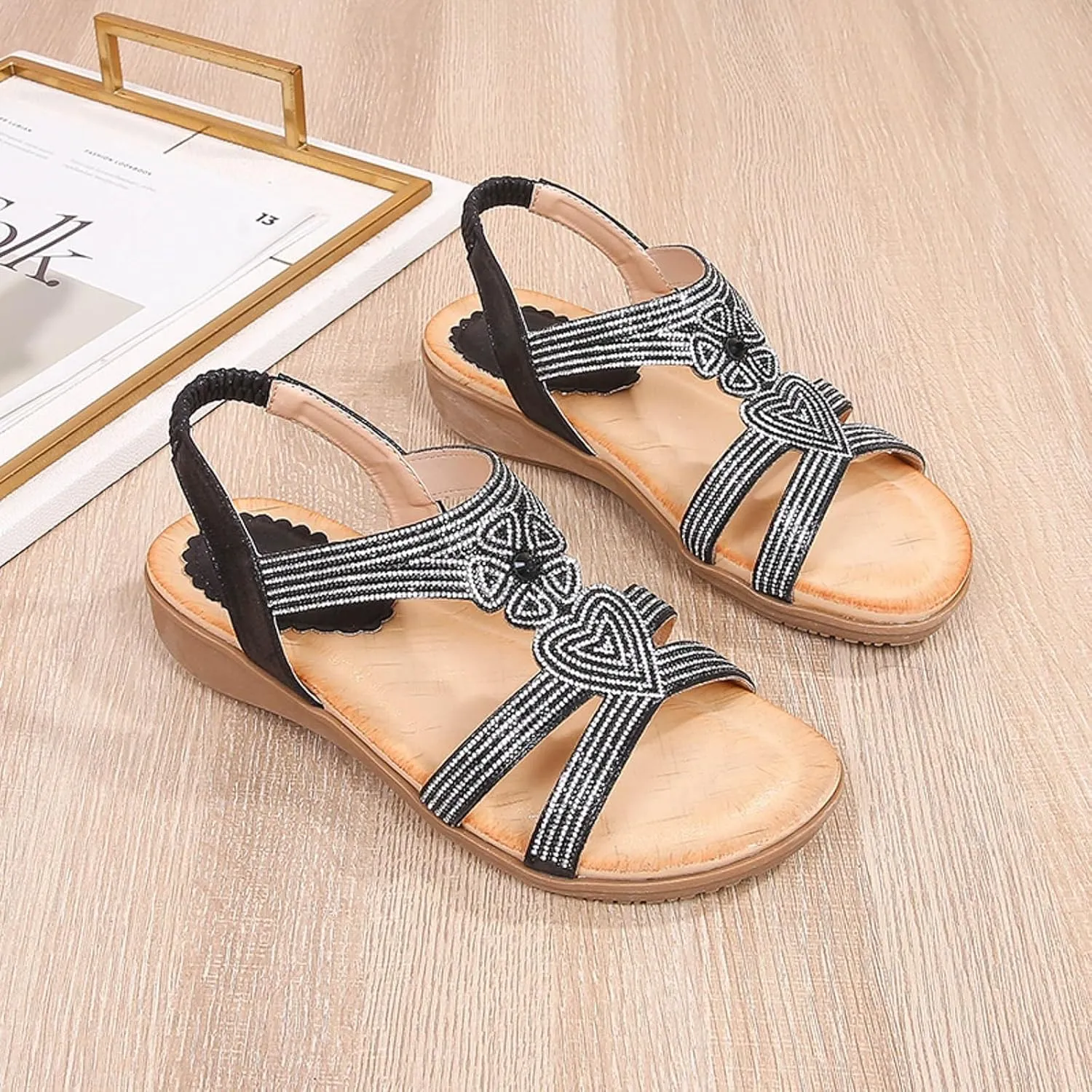 Women's Fashion Flat Sandals Beaded Rhinestone Stretch Heel Elastic Strap Sandals Beach Sandals for Soft Sandals Women