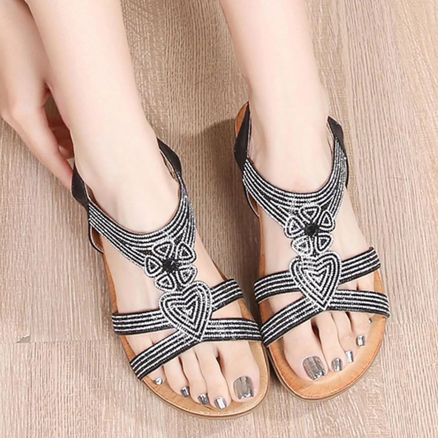 Women's Fashion Flat Sandals Beaded Rhinestone Stretch Heel Elastic Strap Sandals Beach Sandals for Soft Sandals Women