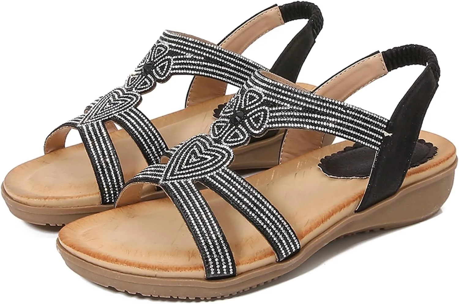 Women's Fashion Flat Sandals Beaded Rhinestone Stretch Heel Elastic Strap Sandals Beach Sandals for Soft Sandals Women