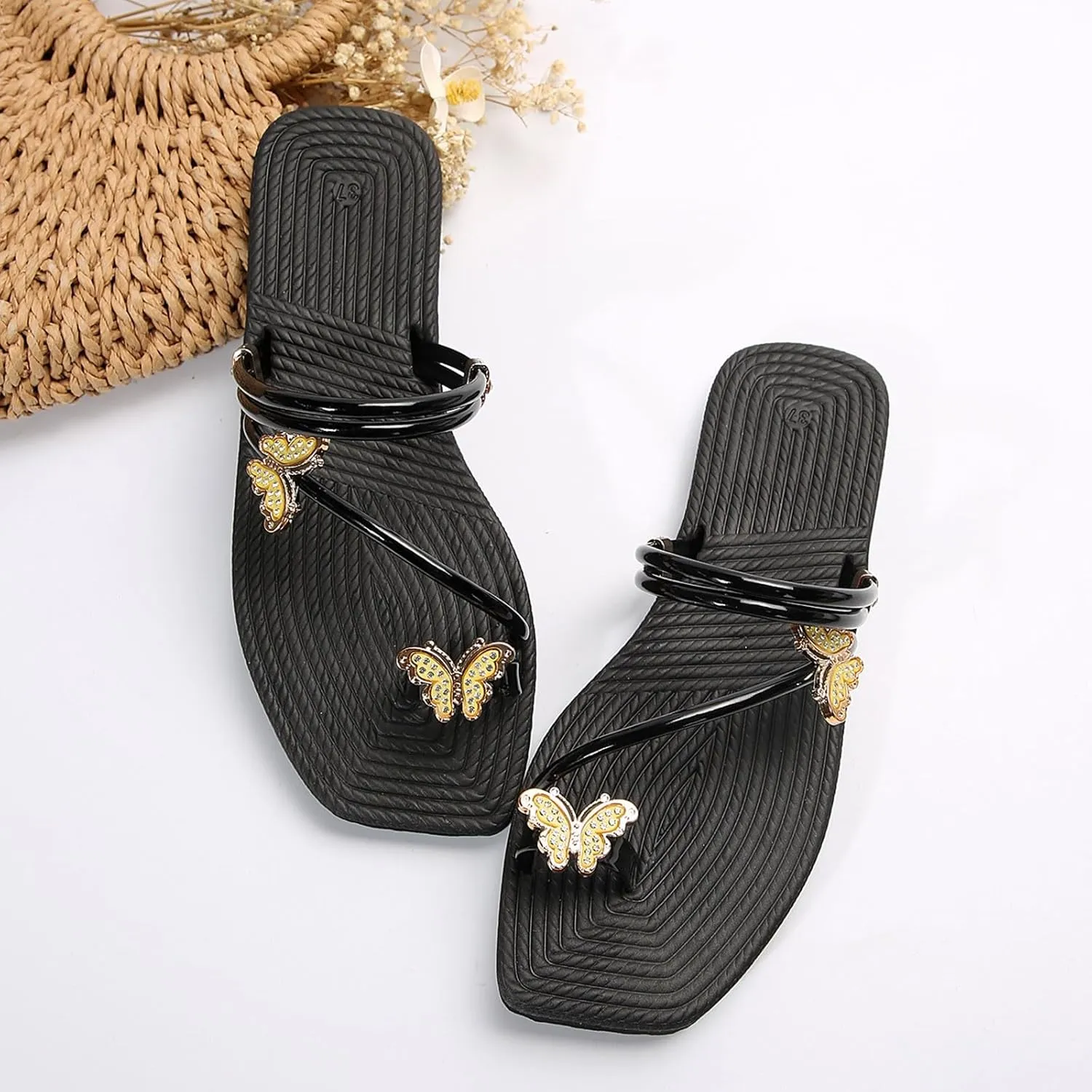 Women's Flat Bottom Sandals Butterfly Thong Toe Sandals Outdoor Beach Party Dress Womens Fancy Wide