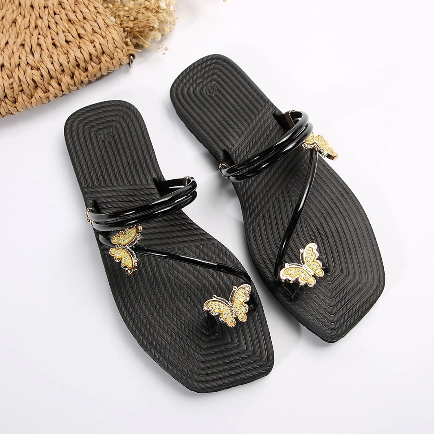Women's Flat Bottom Sandals Butterfly Thong Toe Sandals Outdoor Beach Party Dress Womens Fancy Wide