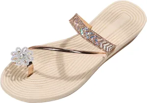Women's Flat Sandals Ladies Fashion Solid Color Bright Leather Flower Rhinestone Cover Toe Straw Woven Flat Bottom