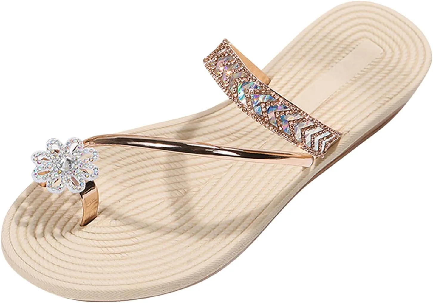 Women's Flat Sandals Ladies Fashion Solid Color Bright Leather Flower Rhinestone Cover Toe Straw Woven Flat Bottom
