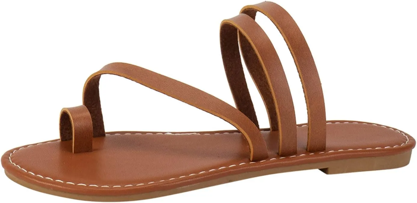 Women's Flat Sandals Ladies Fashion Summer Solid Leather Topped Flat Bottom Beach Slippers