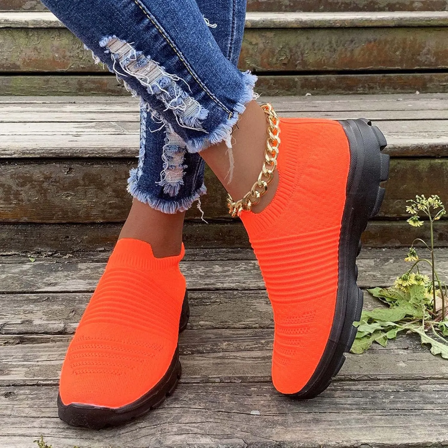 Womens Flat Slip On Sneakers Casual Walking Shoes Lightweight Canvas Comfortable Elastic Non Slip Loafers