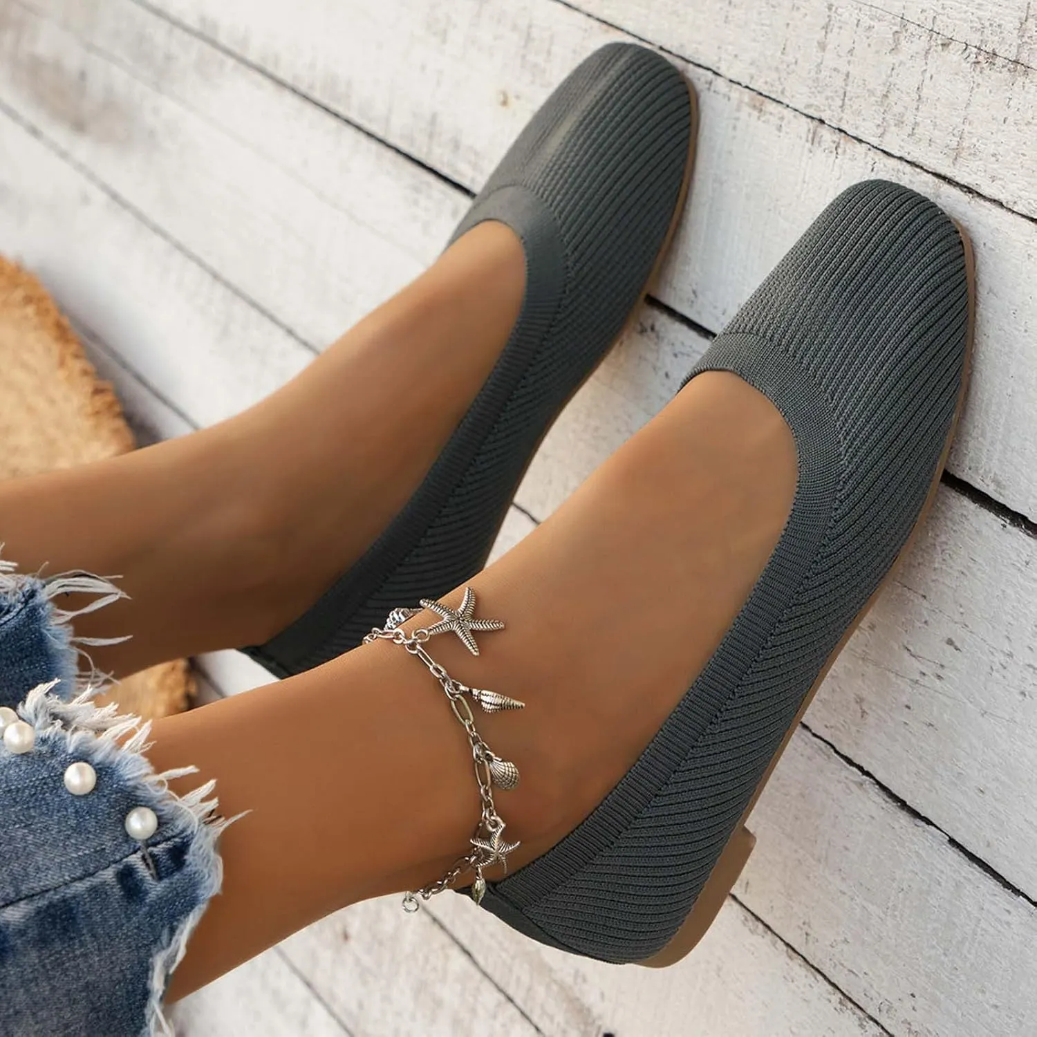 Women's Flats Shoes Pointed Toe Knit Ballet Ballerina Walking Flats Shoes for Woman Dress Flat Ballet Slip On