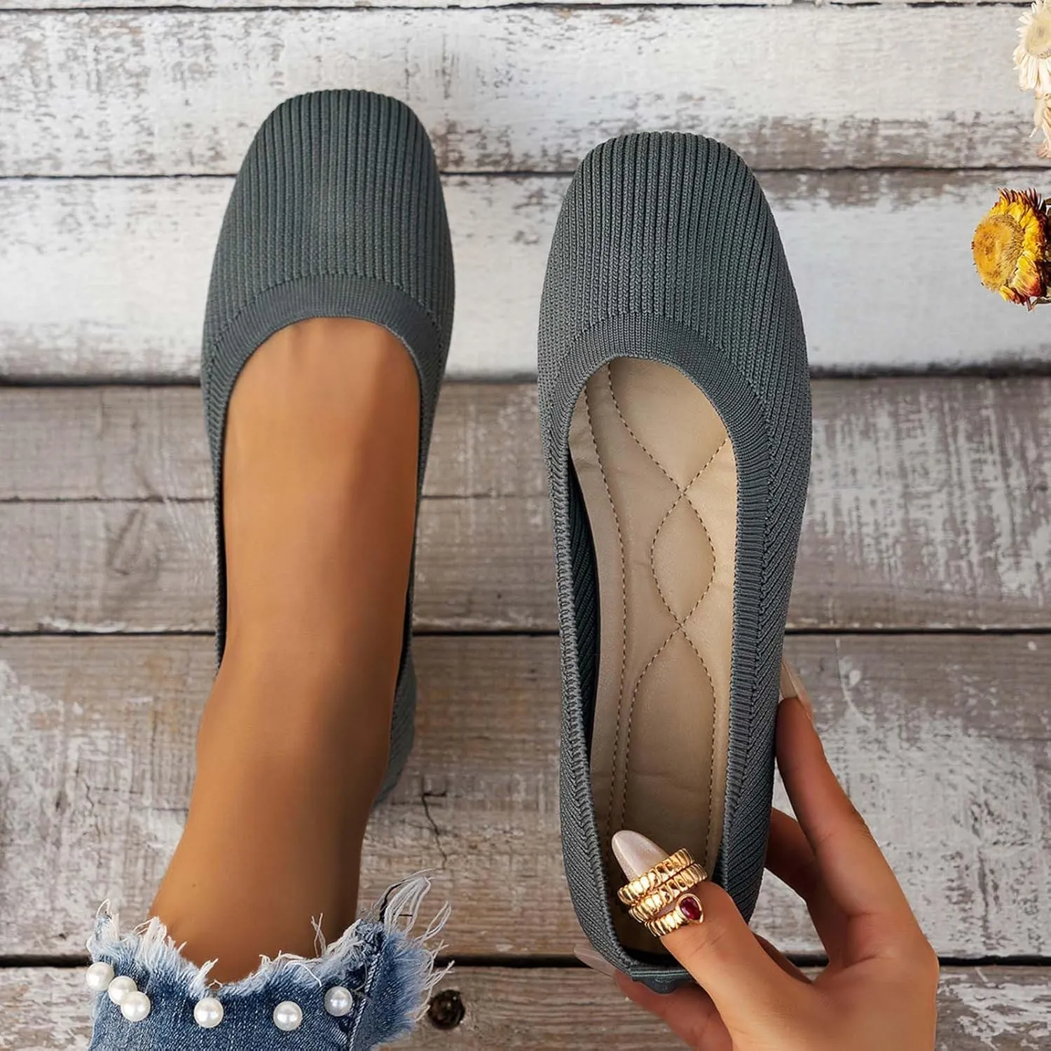 Women's Flats Shoes Pointed Toe Knit Ballet Ballerina Walking Flats Shoes for Woman Dress Flat Ballet Slip On