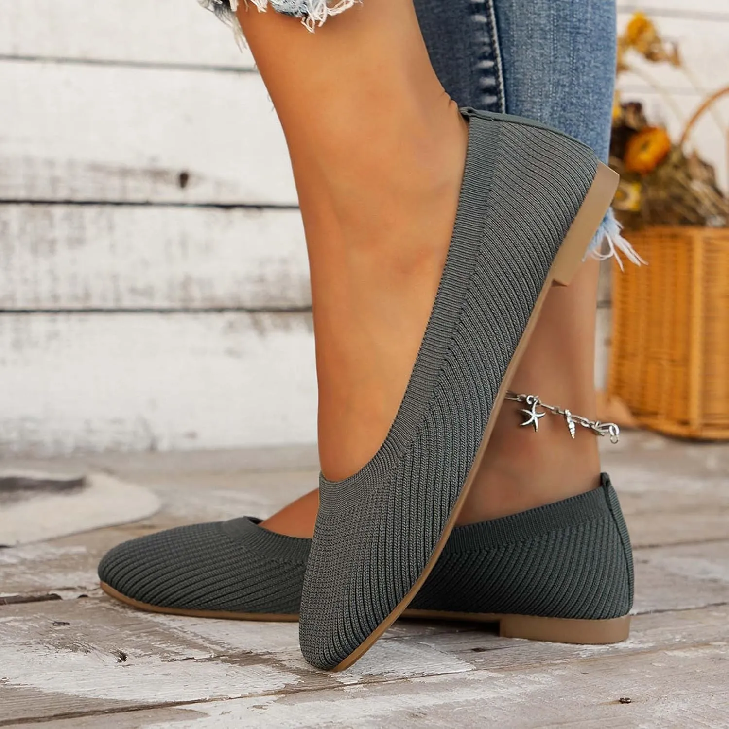 Women's Flats Shoes Pointed Toe Knit Ballet Ballerina Walking Flats Shoes for Woman Dress Flat Ballet Slip On