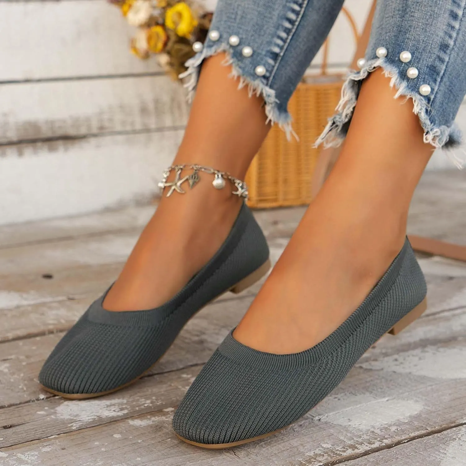 Women's Flats Shoes Pointed Toe Knit Ballet Ballerina Walking Flats Shoes for Woman Dress Flat Ballet Slip On