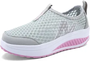 Women's Floral Embroidery Lace Mesh Air Cushion Sneakers,Comfortable Orthopedic Diabetic Walking Toning Shoes Breathable Slip on Platform Loafers Casual Fashion Rocker Shoes