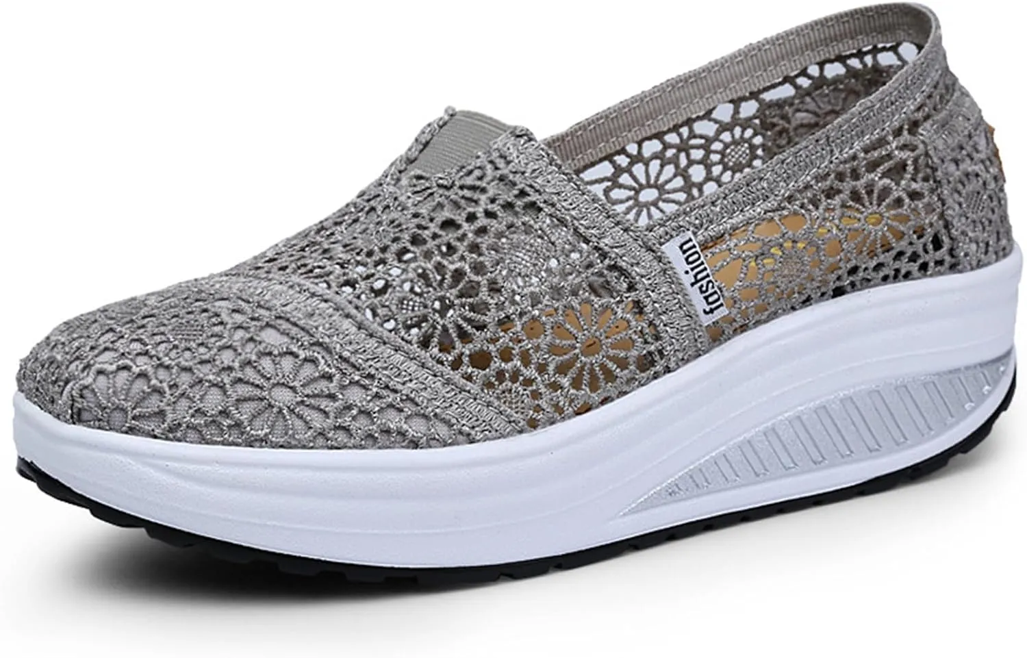 Women's Floral Embroidery Lace Mesh Air Cushion Sneakers,Comfortable Orthopedic Diabetic Walking Toning Shoes Breathable Slip on Platform Loafers Casual Fashion Rocker Shoes