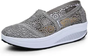 Women's Floral Embroidery Lace Mesh Air Cushion Sneakers,Comfortable Orthopedic Diabetic Walking Toning Shoes Breathable Slip on Platform Loafers Casual Fashion Rocker Shoes