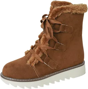 Women's Furry Boots Plus Velvet Warm Snow Boots Lace Up Mid Calf Boots Water Proof Winter Boots for Women Lace up
