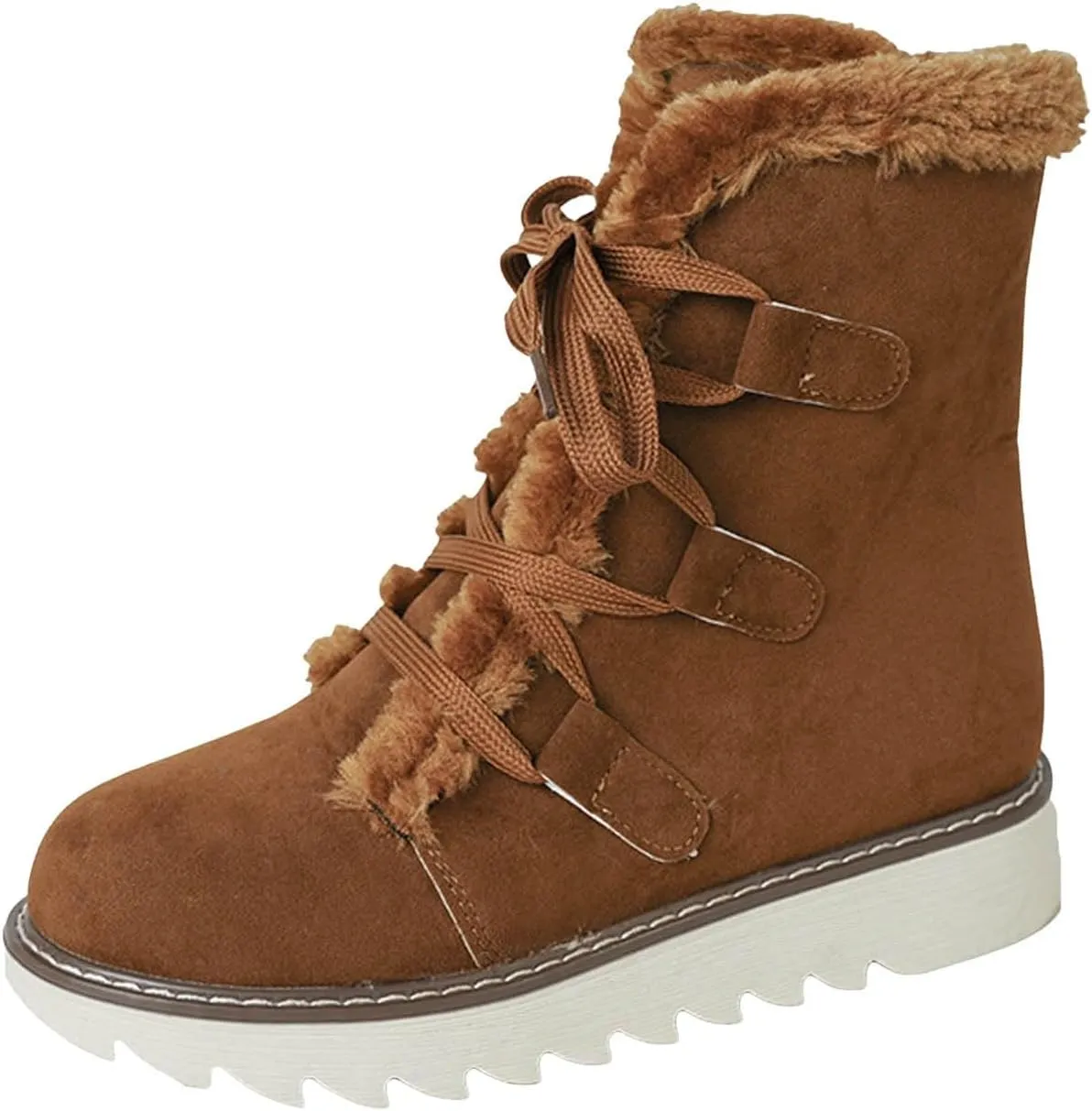 Women's Furry Boots Plus Velvet Warm Snow Boots Lace Up Mid Calf Boots Water Proof Winter Boots for Women Lace up