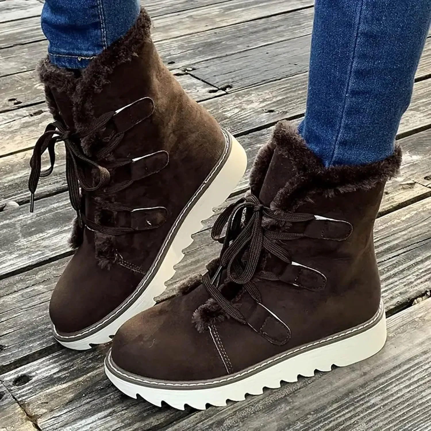 Women's Furry Boots Plus Velvet Warm Snow Boots Lace Up Mid Calf Boots Water Proof Winter Boots for Women Lace up
