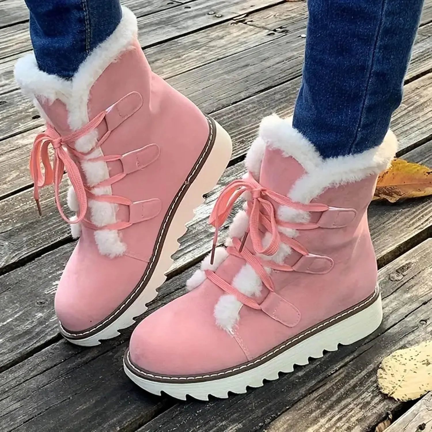 Women's Furry Boots Plus Velvet Warm Snow Boots Lace Up Mid Calf Boots Water Proof Winter Boots for Women Lace up