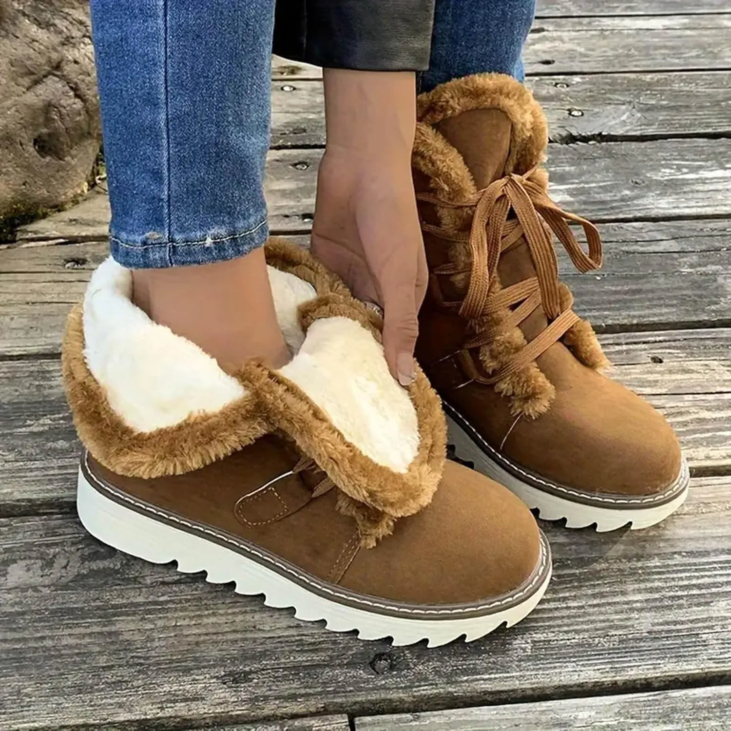 Women's Furry Boots Plus Velvet Warm Snow Boots Lace Up Mid Calf Boots Water Proof Winter Boots for Women Lace up