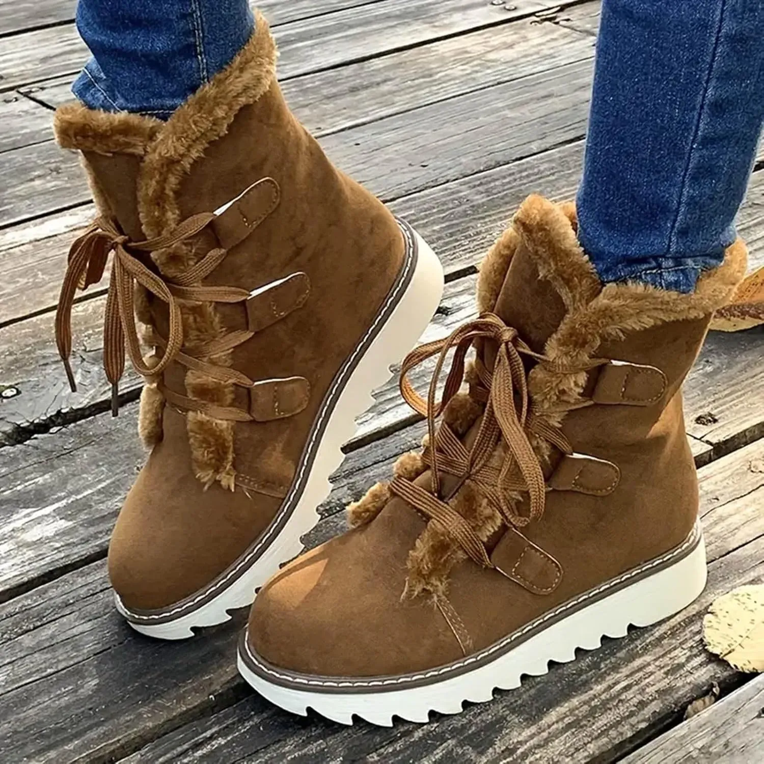 Women's Furry Boots Plus Velvet Warm Snow Boots Lace Up Mid Calf Boots Water Proof Winter Boots for Women Lace up
