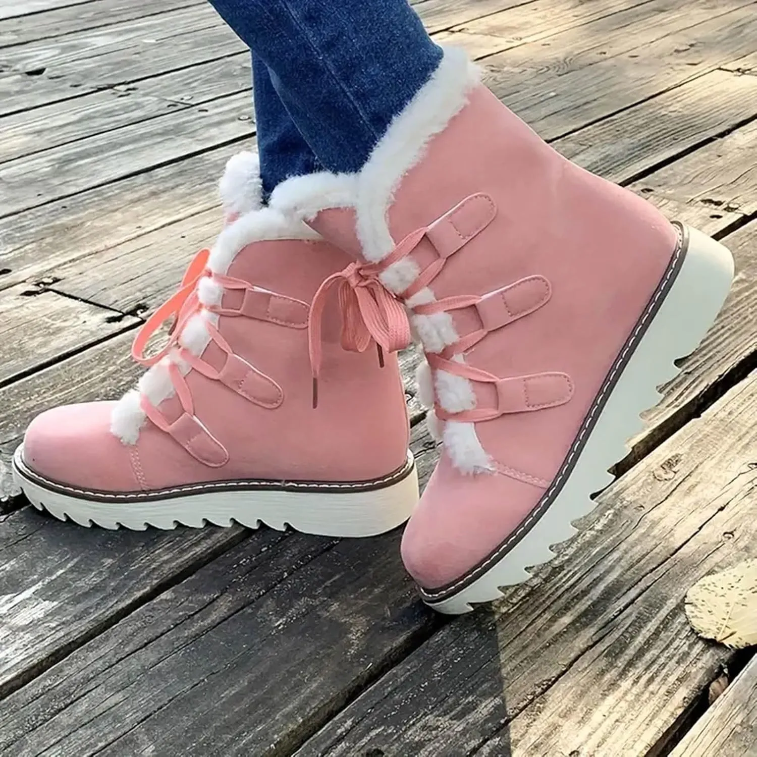 Women's Furry Boots Plus Velvet Warm Snow Boots Lace Up Mid Calf Boots Water Proof Winter Boots for Women Lace up