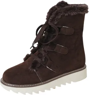 Women's Furry Boots Plus Velvet Warm Snow Boots Lace Up Mid Calf Boots Water Proof Winter Boots for Women Lace up