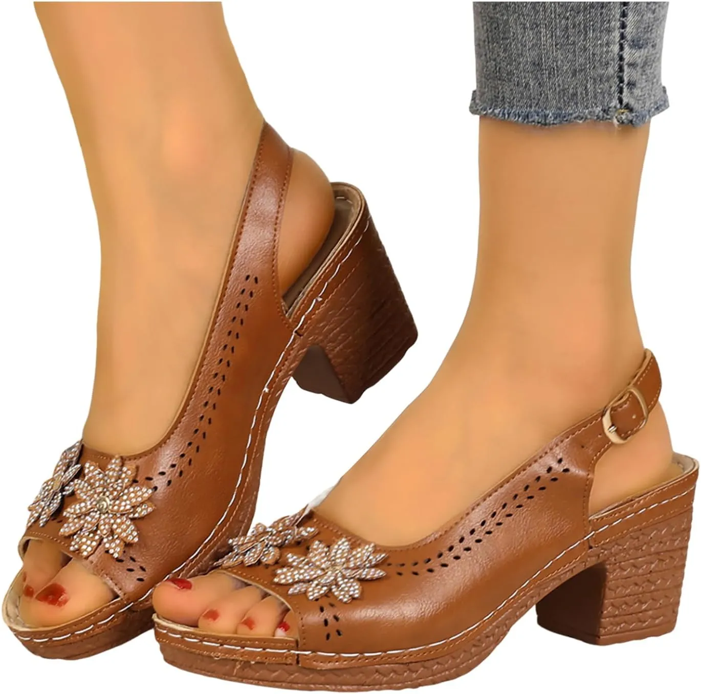 Women's Heeled Sandal Women's Casual Thick Heel Fish Mouth Thick Sole Slippers Fashion Flower Decoration Open