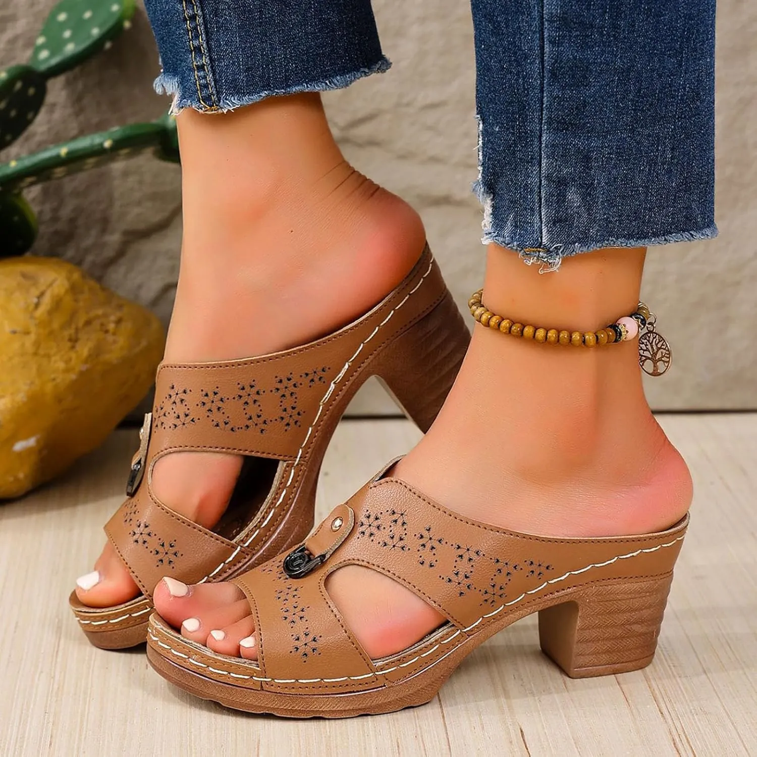 Women's Heeled Sandals Ladies' Open Toe Thick Heeled Sandals With A Fish Mouth Large Size Summer European And Heels