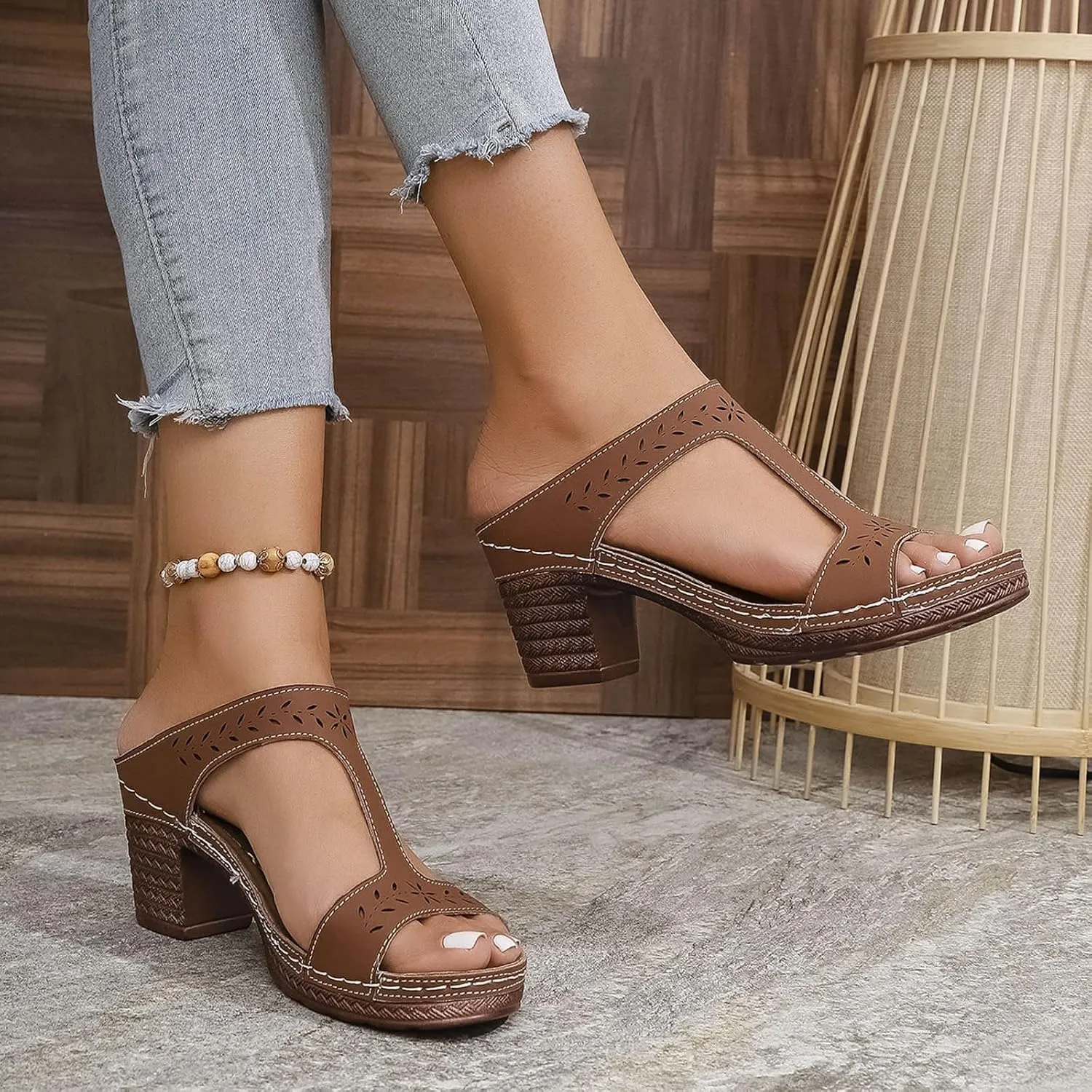 Women's Heeled Sandals Open Toe Slip On Summer Block Mid Heels Fish Mouth Open Toe Ankle Strap Sandal Slippers