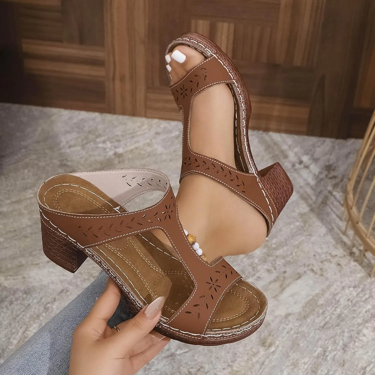 Women's Heeled Sandals Open Toe Slip On Summer Block Mid Heels Fish Mouth Open Toe Ankle Strap Sandal Slippers