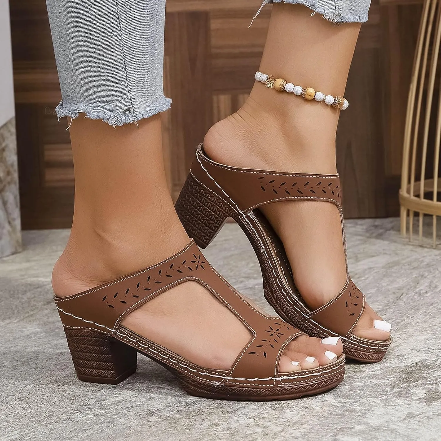 Women's Heeled Sandals Open Toe Slip On Summer Block Mid Heels Fish Mouth Open Toe Ankle Strap Sandal Slippers