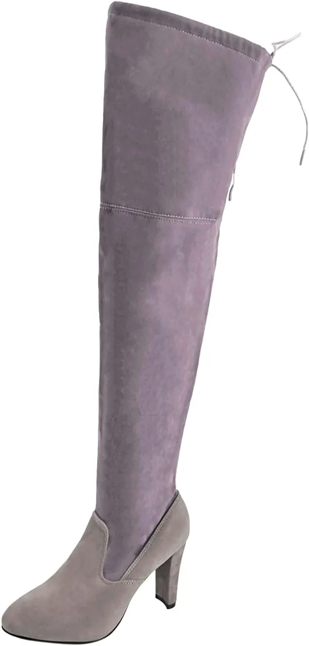 Womens Knee High Boots Thigh High Suede Block Boots Winter Dress Tall Boots Round Toe Zipper Long Boots