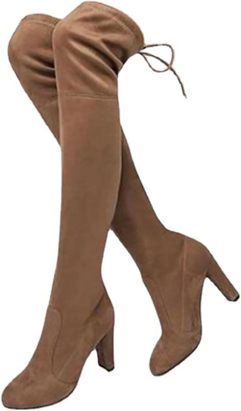 Womens Knee High Boots Thigh High Suede Block Boots Winter Dress Tall Boots Round Toe Zipper Long Boots
