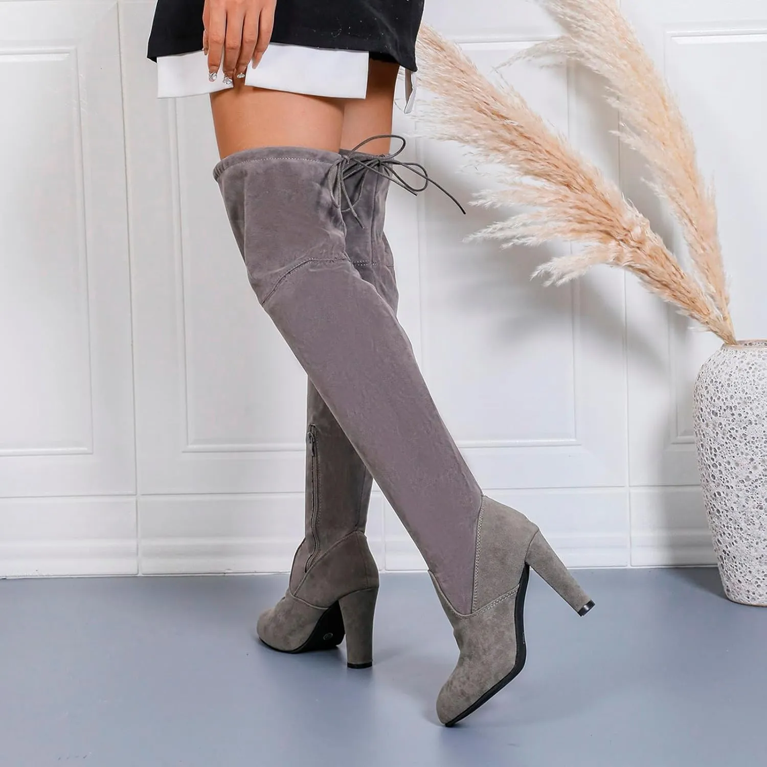 Womens Knee High Boots Thigh High Suede Block Boots Winter Dress Tall Boots Round Toe Zipper Long Boots