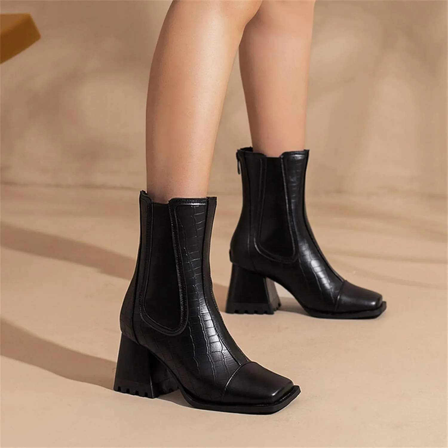 Women's Lace Up Ankle Booties Ladies Fashion Leather Face Square Toe Back Zip Chunky High Heel Lace up Western Boots