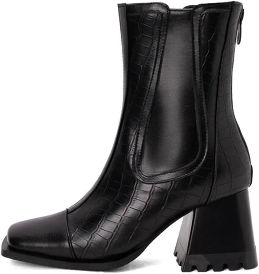 Women's Lace Up Ankle Booties Ladies Fashion Leather Face Square Toe Back Zip Chunky High Heel Lace up Western Boots