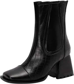 Women's Lace Up Ankle Booties Ladies Fashion Leather Face Square Toe Back Zip Chunky High Heel Lace up Western Boots