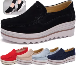 Women's Leather Platform Loafers Faux Suede Comfort Moccasins Comfortable Thick Soled Breathable LoafersWide Low Top Shoes Business Casual Walking Shoes