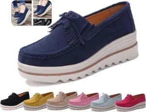 Women's Leather Platform Loafers Faux Suede Comfort Moccasins Comfortable Thick Soled Breathable LoafersWide Low Top Shoes Business Casual Walking Shoes