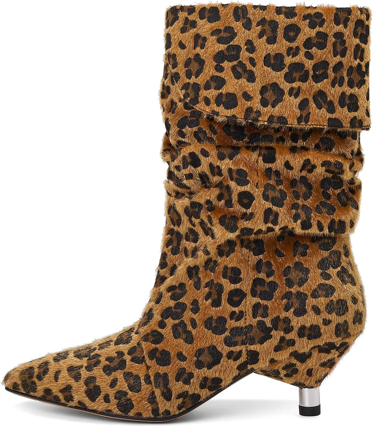Womens leopard Boots Slouchy Mid Calf Wide Boots For Women Kitten Heel with Pointed Toe Pull On Boots Fall Winter Booties