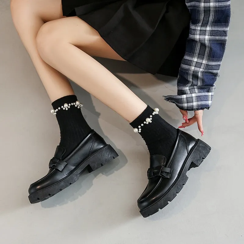Women's Loafers Platform Slip on Shoes for Women 2023 Spring British Tassel Casual Flats Shoes Woman Black Patent Leather