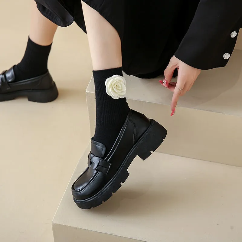 Women's Loafers Platform Slip on Shoes for Women 2023 Spring British Tassel Casual Flats Shoes Woman Black Patent Leather