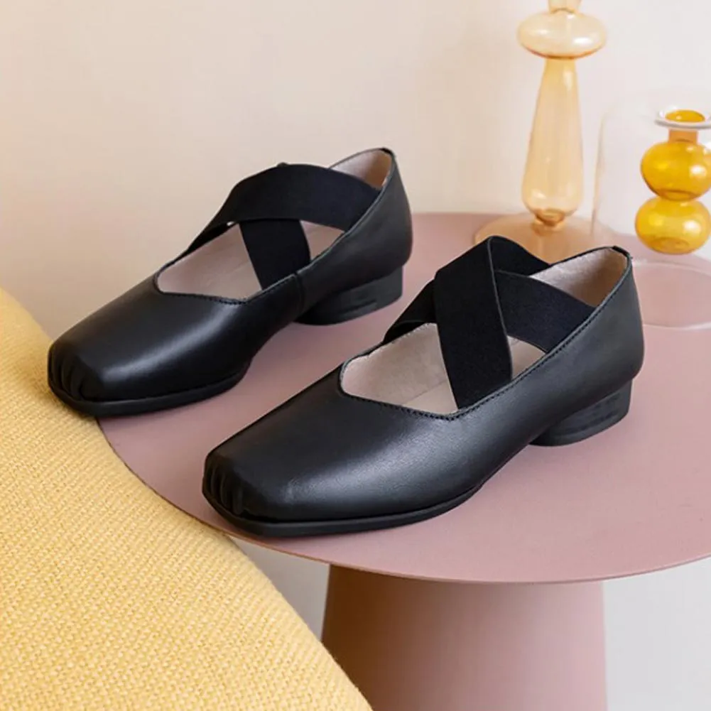Women's Low Block Heel Pump Genuine Leather Square Toe Flat Slip On Shoes Cross Straps