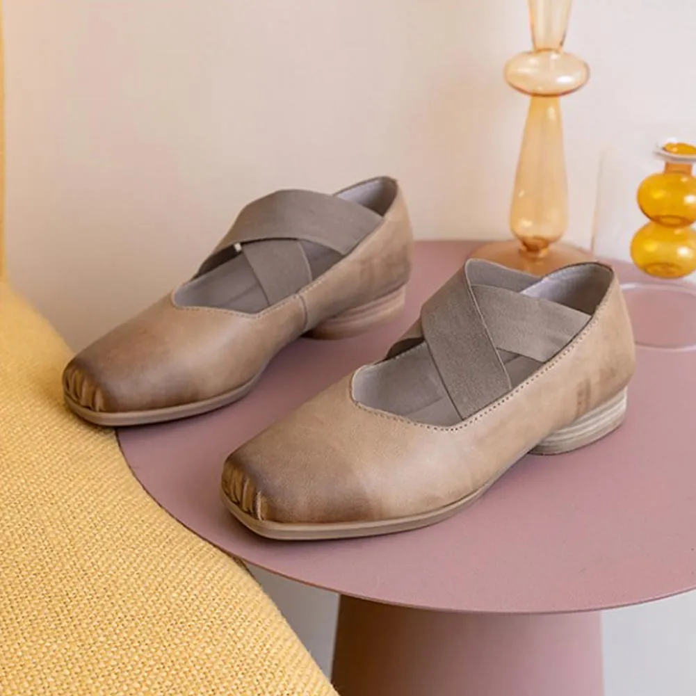 Women's Low Block Heel Pump Genuine Leather Square Toe Flat Slip On Shoes Cross Straps