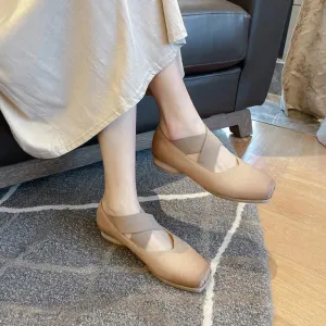 Women's Low Block Heel Pump Genuine Leather Square Toe Flat Slip On Shoes Cross Straps