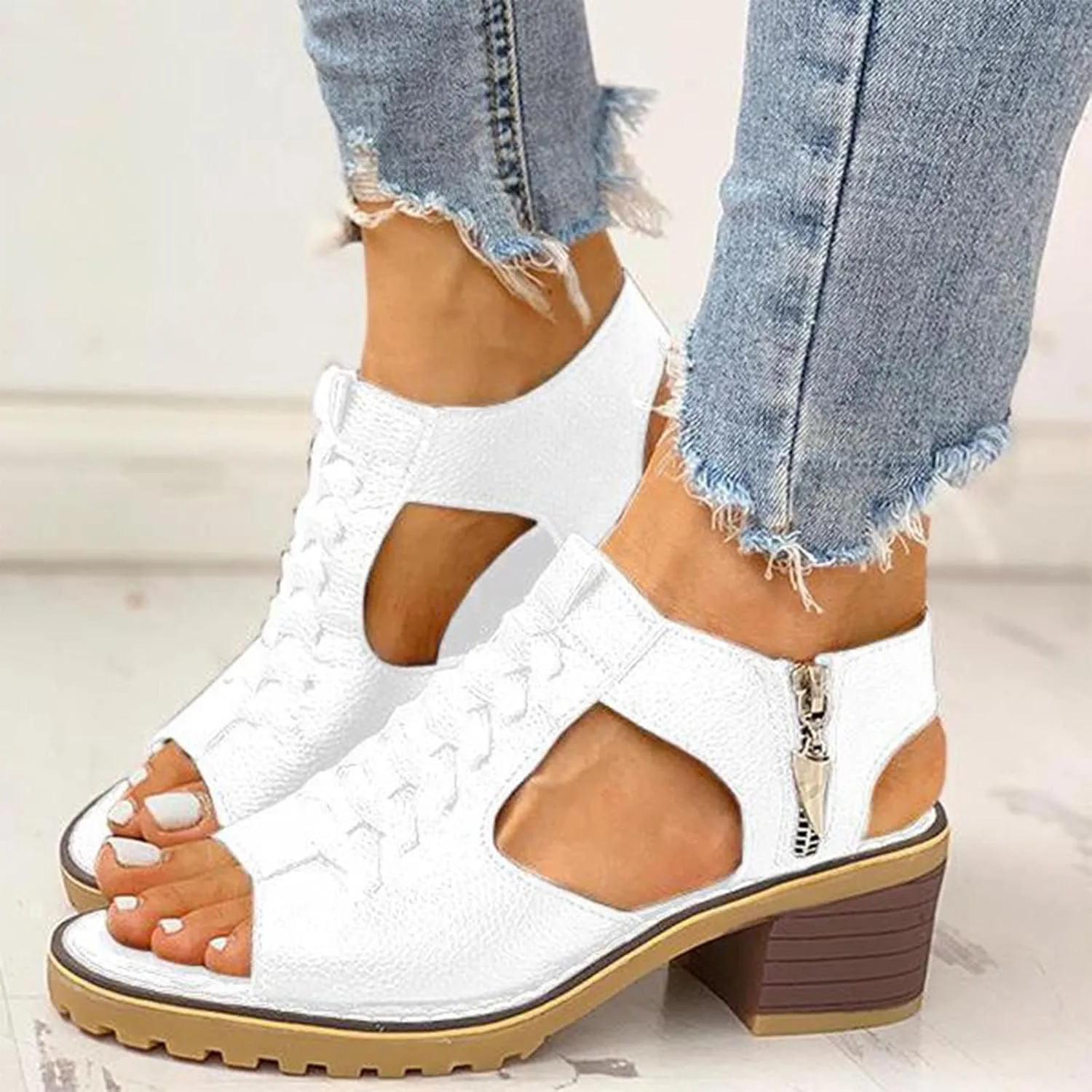 Womens Low Chunky Heel Sandals Fashion Ankle Zipper Open Toe Sandals Comfortable Sandales Summer Dressy Party Sandals