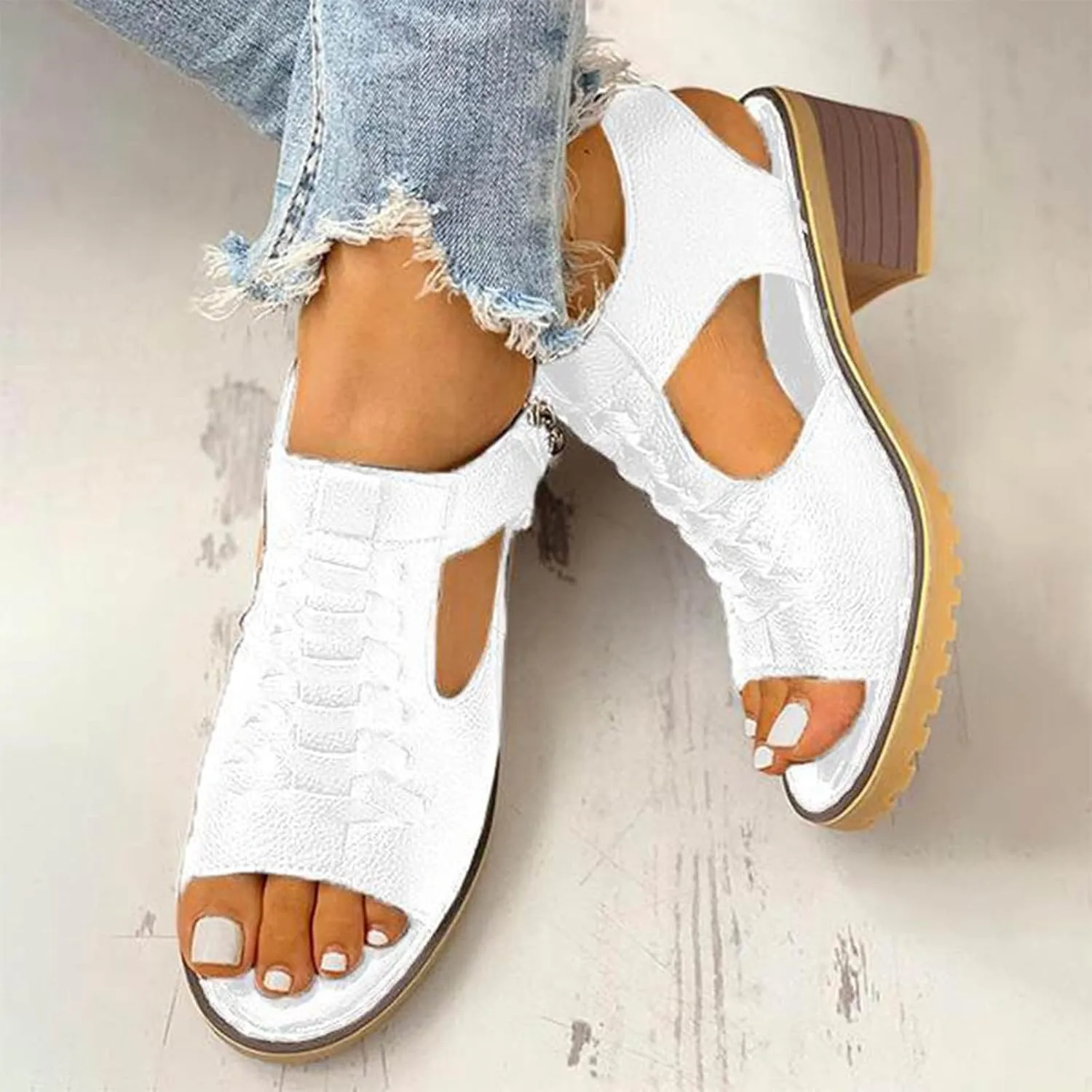 Womens Low Chunky Heel Sandals Fashion Ankle Zipper Open Toe Sandals Comfortable Sandales Summer Dressy Party Sandals