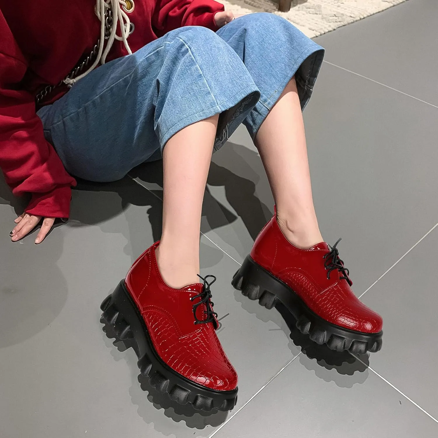Women's Lug Sole Creeper Shoes Patent Leather Chunky Heels Oxford Brogues Crocodile Print Gothic Platform Pumps
