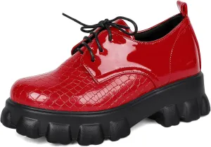 Women's Lug Sole Creeper Shoes Patent Leather Chunky Heels Oxford Brogues Crocodile Print Gothic Platform Pumps