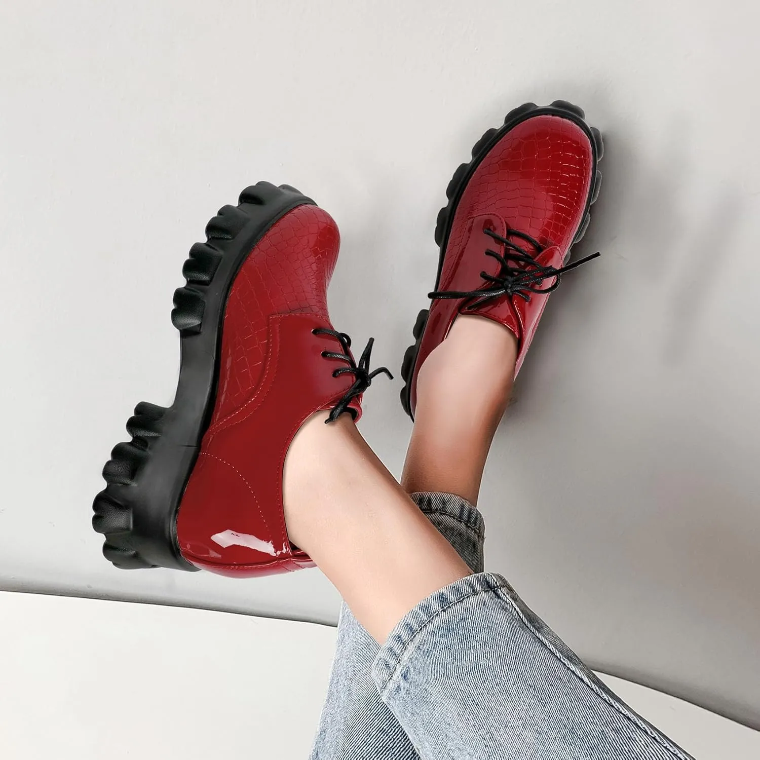 Women's Lug Sole Creeper Shoes Patent Leather Chunky Heels Oxford Brogues Crocodile Print Gothic Platform Pumps