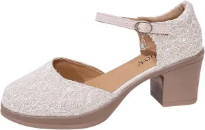 Womens Mary Jane Heels Lace Sequins Chunky Pumps Comfortable Block Heel Dress Shoes for Work Office Wedding Dancing
